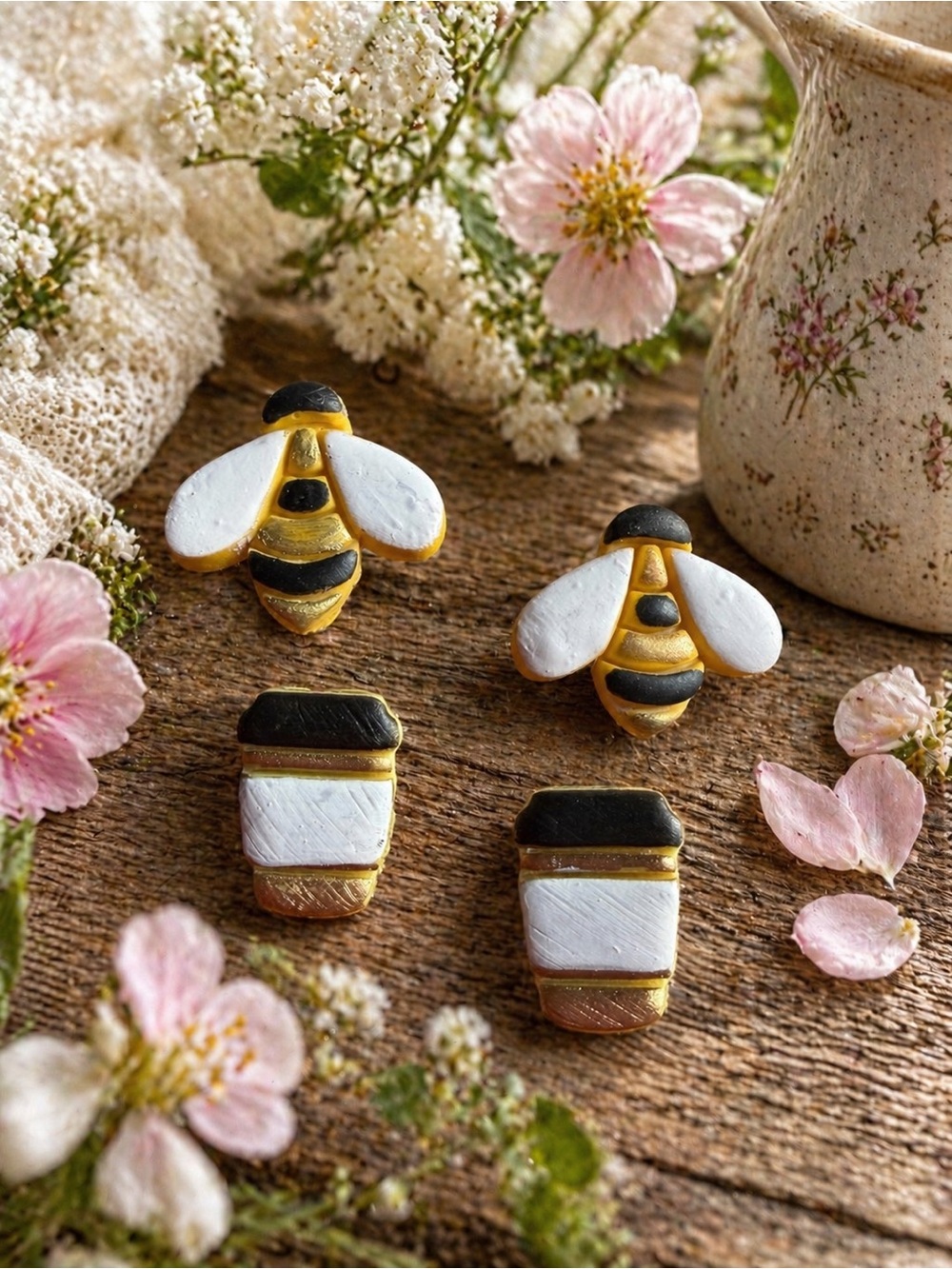 Bee & Coffee Stud Handmade Polymer Clay Earrings — White, Black & Gold